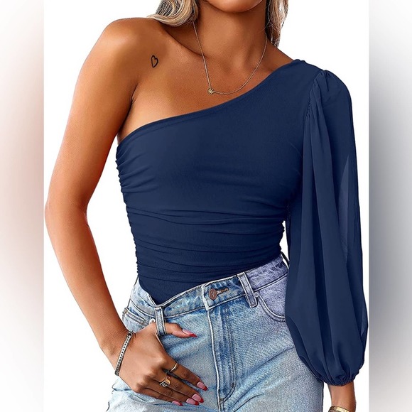 anrabess Tops - Anrabess Blue One Shoulder Mesh Bodysuit - L
